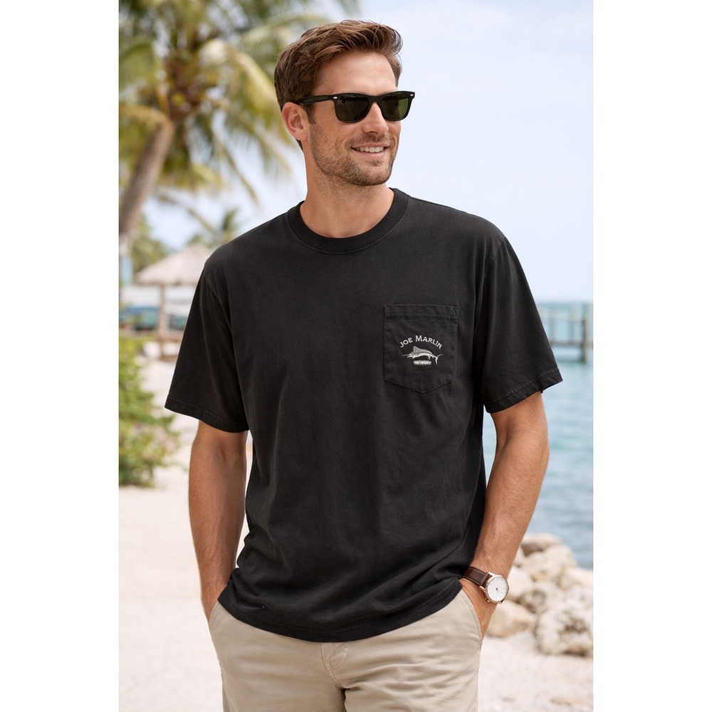 Joe Marlin Mens Black Short‎ Sleeve Pocket T-Shirt Marlin Logo Embroidered Large